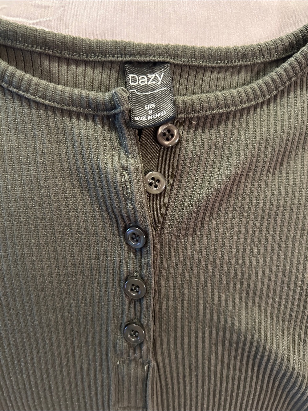 Olive Ribbed Button-Front Long Sleeve Henley - Picture 2 of 2